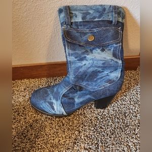 Denim mid-calf boots